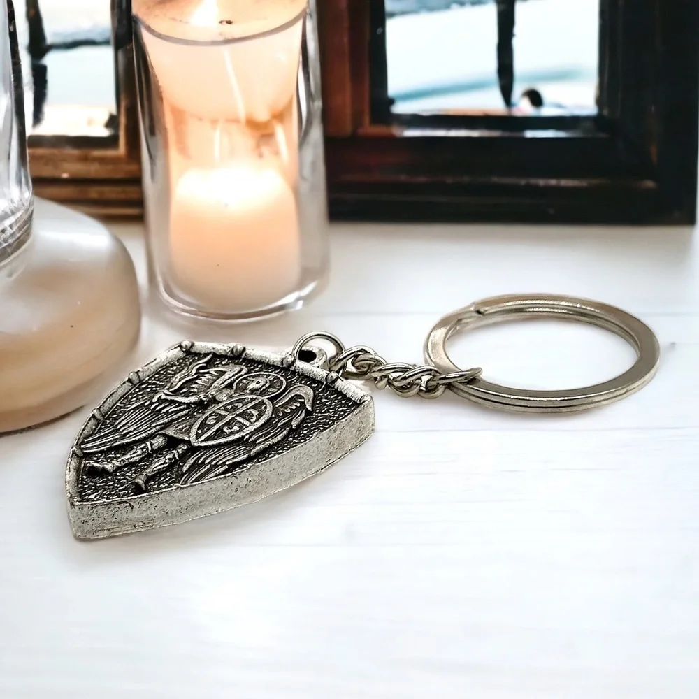 Arch Angel Michael Heavy Silver Keychain